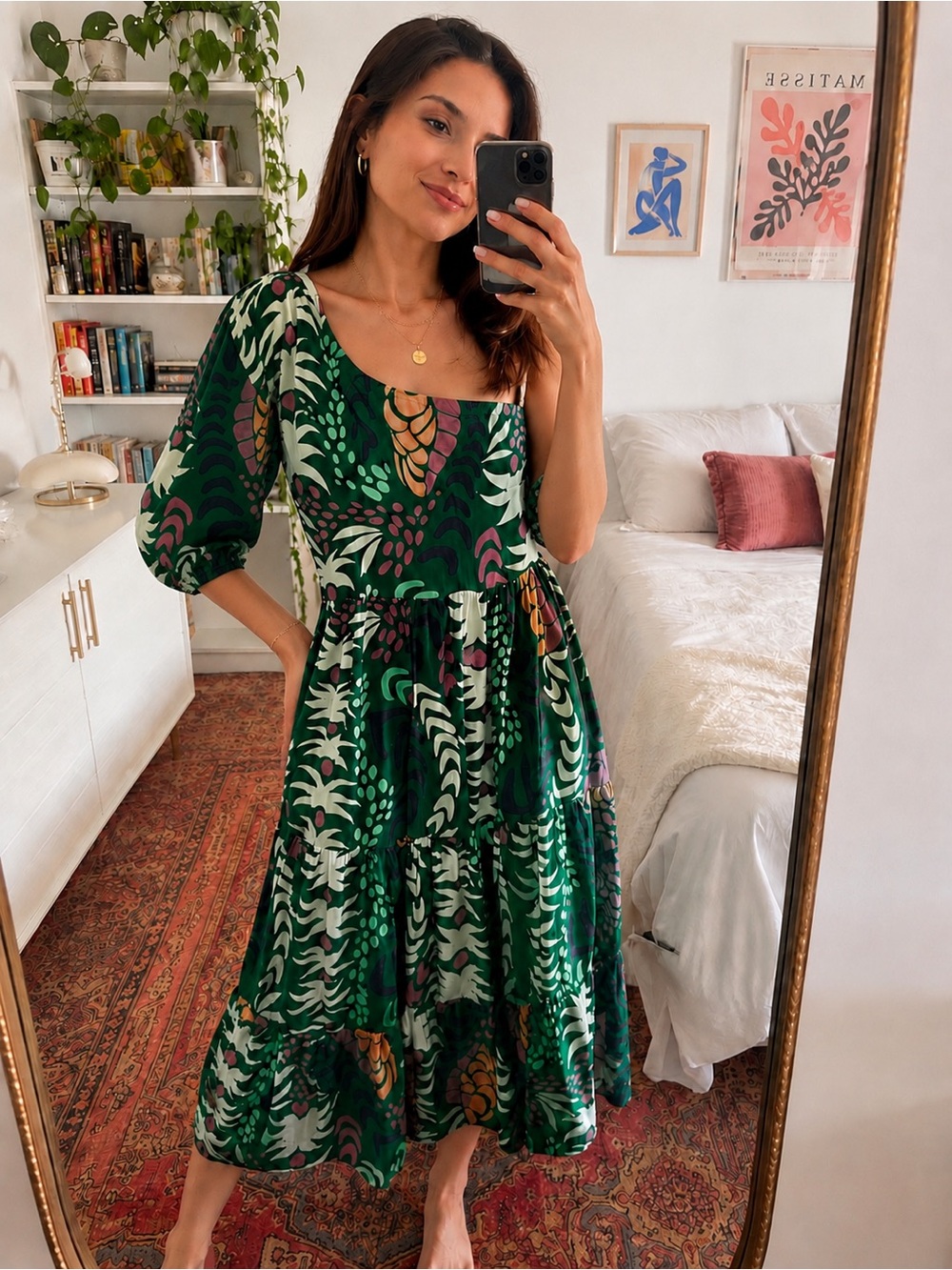 Oliphant Floral Tropical Green One Shoulder Cotton Midi Dress Size L